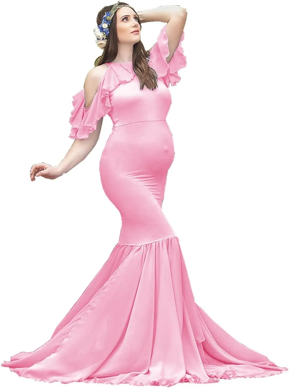 ZIUMUDY Elegant Maternity Off Shoulder O Neck Photography Gown Mermaid Chiffon Baby Shower Dress